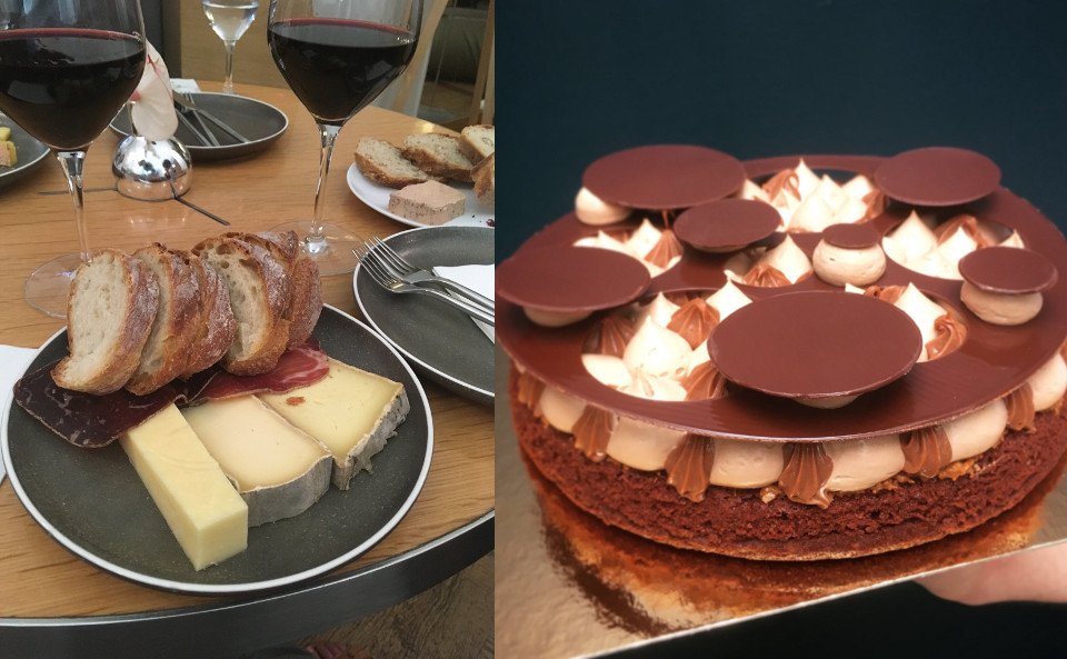 Wine, cheese and chocolate cake